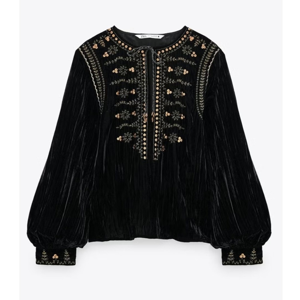 Zara Black Velvet Embroidered Sequin Boho Blouse Small Long Balloon Sleeve